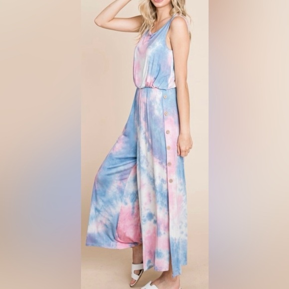 New!Plus Size Tie-Dye Button Side Detail Split Hem Jumpsuit Size 1X 2X 3X - Picture 4 of 8